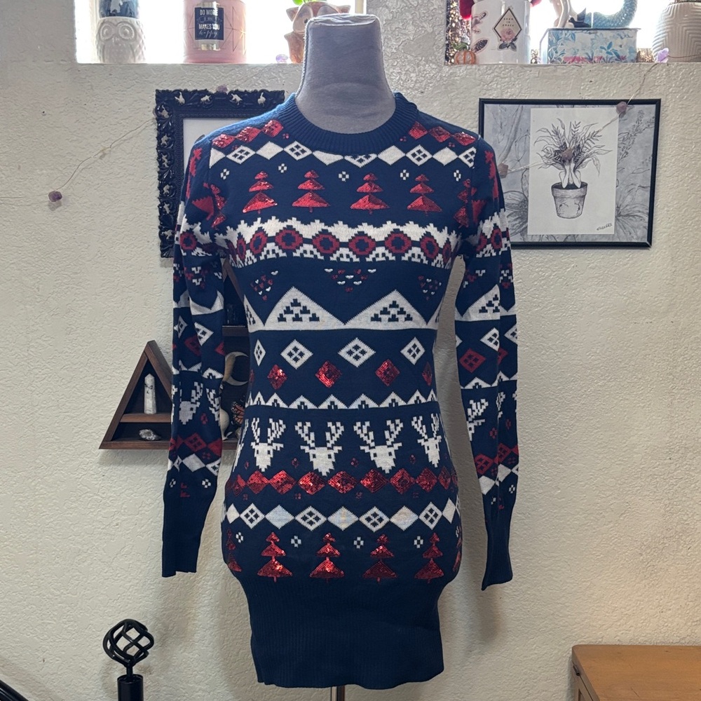 Tipsy Elves Navy & Red Holiday Sweater Dress